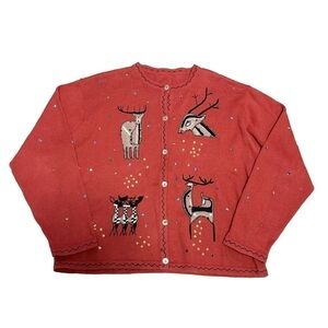 Handmade Unique Orange Deer Applique Hand Stitch Sequin Cardigan US L